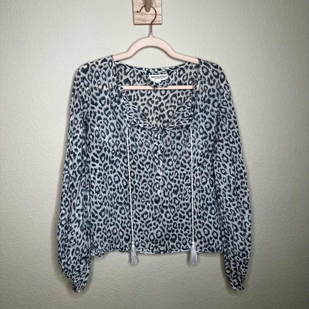 Emerson Fry India Collection Leopard Print Tassel Blouse Grey White Medium